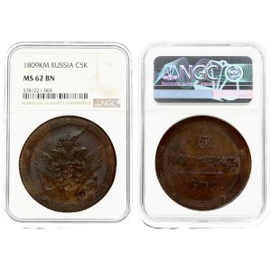 Russia 5 Kopecks 1809 KМ. Alexander I (1801-1825). Averse: Crowned double imperial eagle within circles. Reverse...