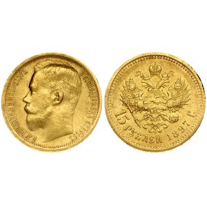 Russia 15 Roubles 1897 (АГ) St. Petersburg. Nicholas II (1894-1917). Averse: Head left. Reverse: Crowned double...