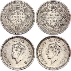 British India 2 x 1/2 Rupee 1943 - 1944 L