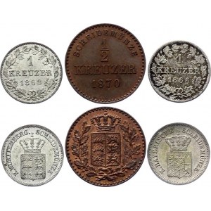 German States Württemberg Lot of 3 Coins 1866 - 1870