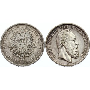 Germany - Empire Wurttemberg 5 Mark 1874 F Rare