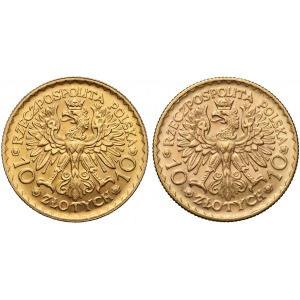 Chrobry 10 zł 1925 zestaw 2 szt. odmian kolorystycznych złota