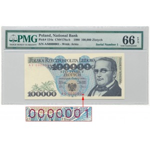 Banknot z numerem 0000001 - 100.000 zł 1990 - AS