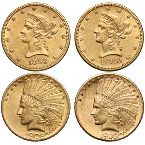 USA 10 dolarów 1893, 1905, 1908, 1910 (4szt)
