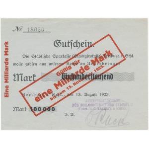 Świebodzice (Freiburg), 100.000 marek PRZEDRUK na 1 miliard marek 1923