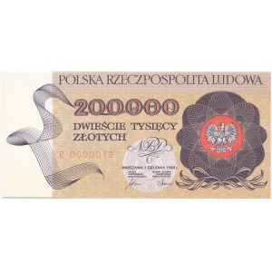NISKI NUMER 0000013 banknotu 200.000 zł 1989 - R