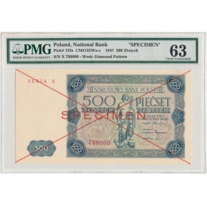 SPECIMEN 500 złotych 1947 - SERIA X 789000 - PMG 63