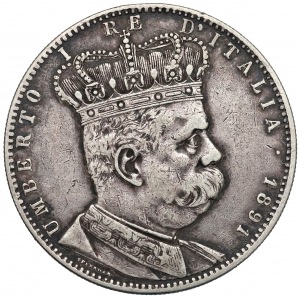 Italienisch Colonia Eritrea, Umberto I., 5 Lire = Taler 1891 - selten