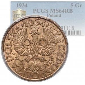 5 groszy 1934 - rzadkie i piękne - PCGS MS64 RB