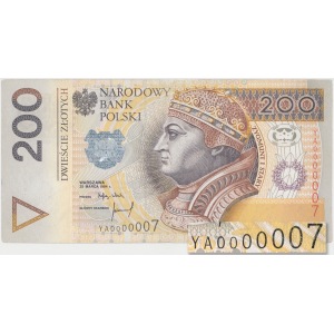 200 zł 1994 - YA 0000007 - seria zastępcza z JEDNOCYFROWYM numerem