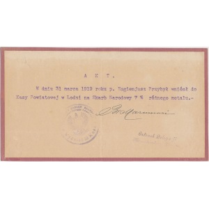 Pokwitowanie datku metali na Skarb Narodowy 1919 r.