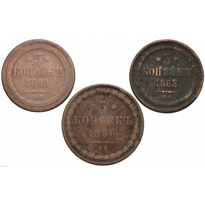 3 kopiejki 1860, 1863 i b.rzadkie 5 kopiejek 1856, Warszawa (3szt)