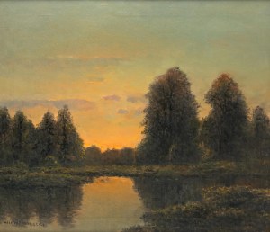 Wiktor Korecki (1890 Kamieniec Podolski - 1980 Milanówek k. Warszawy), Pejzaż z rzeką, zachód słońca