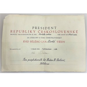 Czechoslovakia Award Certificate for the Order of While Lion of 4th Class for the Serbian Citizen Dusan Pavlovic in 1938