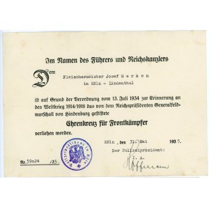 Germany - Third Reich Award Certificate of Cross of Honor for Front-Line Combatants in WWI 1935