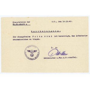 Germany - Third Reich Certificate for Wearing of Infantry Assault Badge 1943