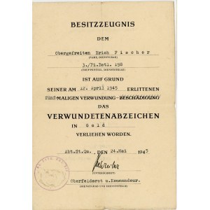 Germany - Third Reich Award Certificate of Wound Badge in Gold for 5 Wounds in WWII 1945