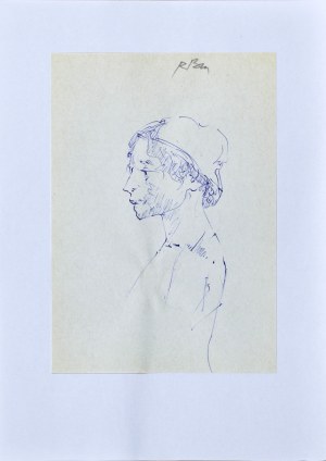 Roman BANASZEWSKI (1932-2021), Szkic popiersia kobiety z hustą na głowie z lewego profilu