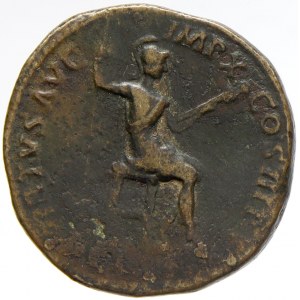 Marcus Aurelius  (161-180).   Sestercius. VIRTVS AVG IMP X COS III PP/SC. Virtus sedící vpravo s kopím a žezlem (21...