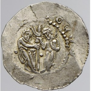 Vladislav II. (1140-74). Denár (0,79 g). Cach-587, var. všechny postavy bez svatozáře. opisy nedor.
