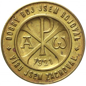 Medaile s citáty z motliteb. Socha světce, opis / církevní logo s let. 1921, opis. Mosaz 25,4 mm.  n. hr...