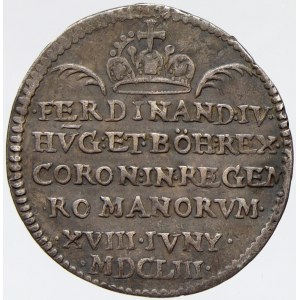 Střední žeton ke korunovaci na římského krále v Řezně 18.6.1653. Pod korunou nápisy / žezlo se stuhou. Ag 24 mm (2,21 g...