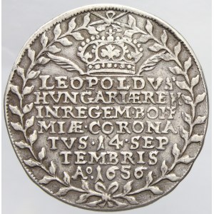 Tolar ke korunovaci na českého krále 14.9.1656 v Praze. Ve věnci pod korunou nápis ...