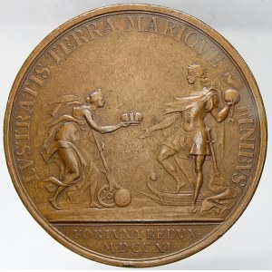 Medaile na příjezd do Německa ke korunovaci na římského císaře 1711. Portrét, titulatura ...