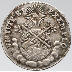 Menší žeton ke korunovaci na římského krále ve Frankfurtu 3.4.1764. Pod korunou nápisy / pod Božím okem zeměkoule, opis...