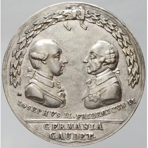 Medaile na uzavření míru s Pruskem 1779 (Těšínský mír). Portréty Josefa II. a Fridricha II. proti sobě, nápisy ...