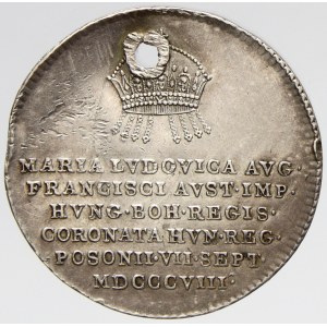 Malý žeton ke korunovaci na uherskou královnu v Bratislavě 7.9.1808. Pod korunou nápis / kvetoucí lilie, opis. Ag 20...