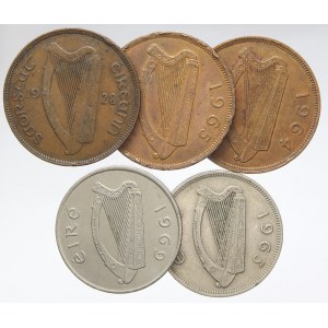 Irsko. 1 florin 1963, 10 pence 1969, 1 penny 1928, 1964, 1965. hry