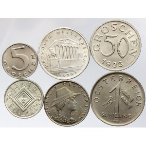 Rakousko. 1 Sch. 1926, 1934, ½ Sch. 1925, 50 gr. 1935, 10 gr. 1925, 5 gr. 1934