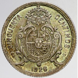 Španělsko. 50 centimos 1926 PC-S. KM-741. pěkná patina