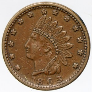 USA. Token v hodnotě 1 cent 1863 z občanské války 1861-65 (indián). nepatrné úhozy