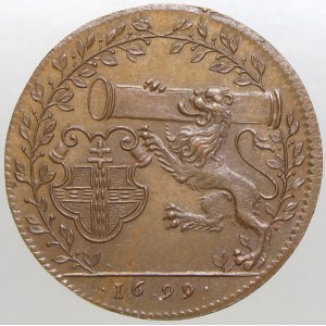 Belgie - Ypres (Ypry).  Městský token 1700. Městský znak, lev nesoucí sloup, letopočet 1699 / znak okresu Ypres...
