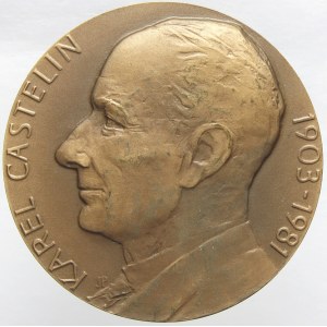 Karel Castelin 1984. Portrét, opis / krajina, mince, nápis. Sign. Prádler. Bronz 60 mm...