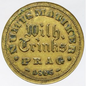 Vilém Trinks   (1841-1907, pražský obchodník s mincemi) . Reklamní (adresní) žeton 1865. Nápis a opis / osobní znak...