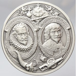 400 let bitvy na Bílé hoře 1620 - 2020. V medailonech portréty Ferdinanda II. a Fridricha Falckého, korunovační klenoty...
