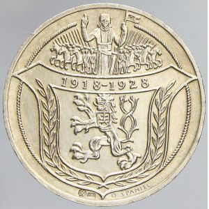 10 let republiky 1928 Jsem ražen z českého kovu. Ag 0.987 (20,01 g) 34 mm.  zlatistvá patina