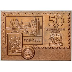 50 let československé známky 1918 - 1968. Sign. Mácha. Jednostr. bronz 56,5 x 80,5 mm, pův. etue, dekret (čestné uznání...