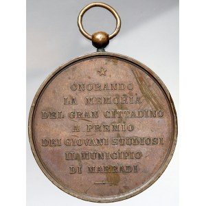 Medaile pro mladé učence k uctění A. Fabroniho věnované radnicí v Marradi b.l. (1880). Portrét Angiola Fabroniho, opis ...