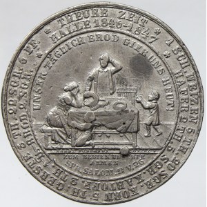 Med. na „těžkou dobu“ 1846 - 1847 (Theure Zeit). Muž u prázdného stolu s plačící rodinou, opisy s cenami ...