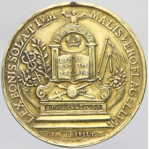 Medaile cca 1620. Oltář s knihou, opis LEX BONIS SOLATIVM MALISVERO FLAGELLVM / ležící žena je obdarovávaná amorkem...
