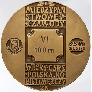 Polská atletická asociace - mezistátní závody Maďarska, ČSSR a Polska 1970. Med. za VI místo na 100 m. Sign. Kowalik...