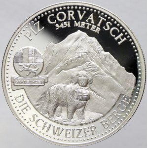 Švýcarské hory - PIZ CORVATSCH, 3451 m. Hora, znak, bernardýn, opis / stojící žena s praporem a znakem Švýcarska, opis...