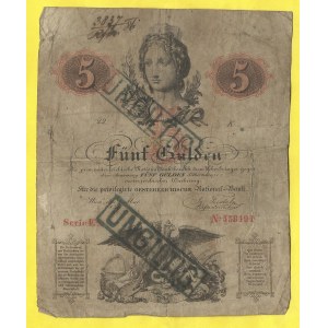5 zlatých 1859, s. Es. Rich.-132. 2x razítko UNGILTIG,  v ohybech prodřený, okraje, grafity