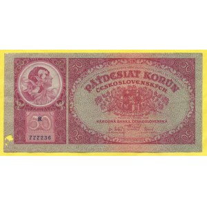 50 Kč 1929, s. R. H-24a1.  chybí cca 4 x 5 mm bankovky, jinak svěží papír