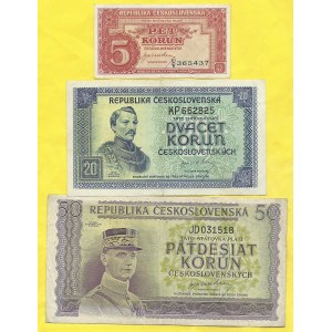 5, 20, 50 Kčs (1945), s. UV, KP, JD. H-75a, 77a, 78a
