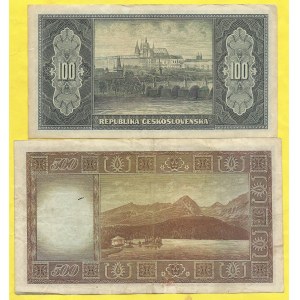 100 Kčs (1945), s. GE, 500 Kčs 1946, s. U. H-79a, 87a